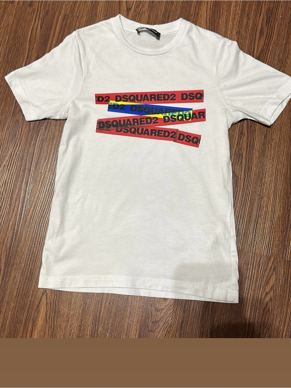 DSQUARED2 White Short Sleeve Tee with Multicolor Logo Strips